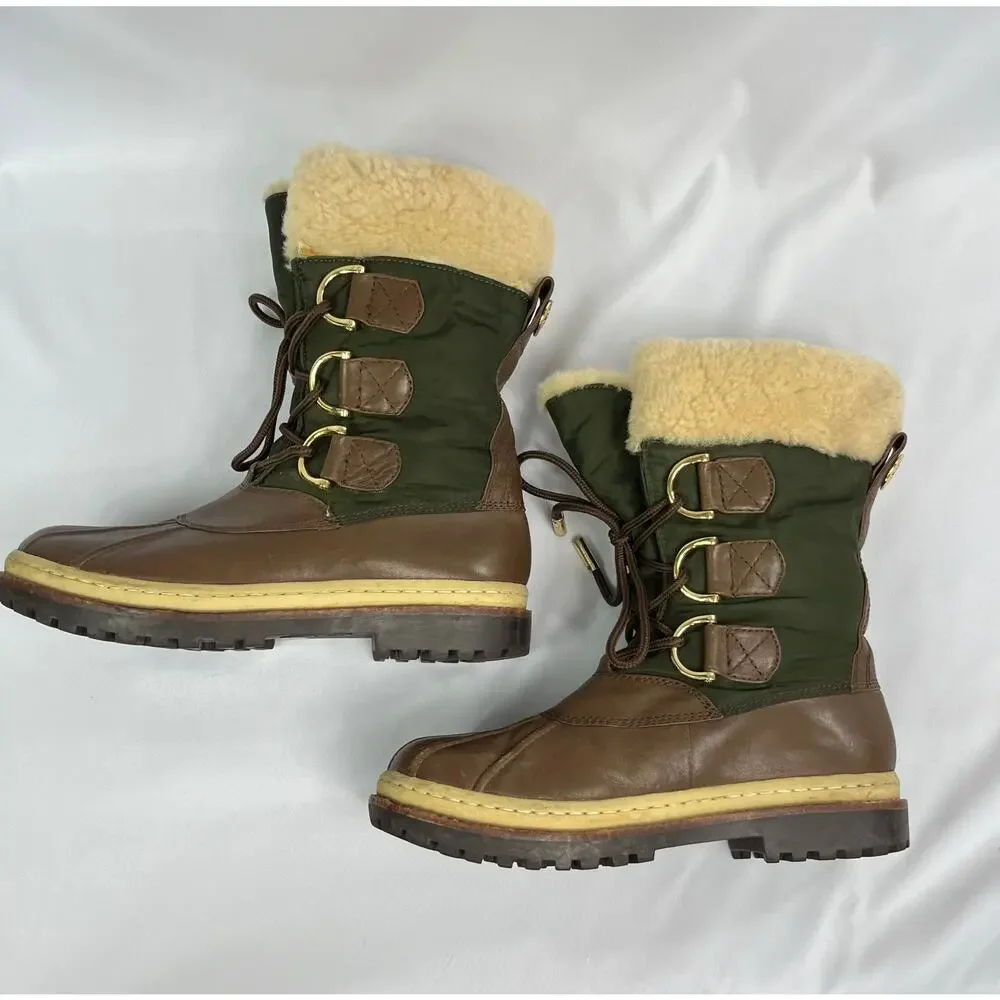Tory Burch Duck Boots Nylon Leather Lace Up Sherling Womens 7 1/2